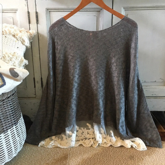 GRAY SHEER LACE HEM PLUS SIZE SWEATER SHIRT TOP X - Picture 3 of 5
